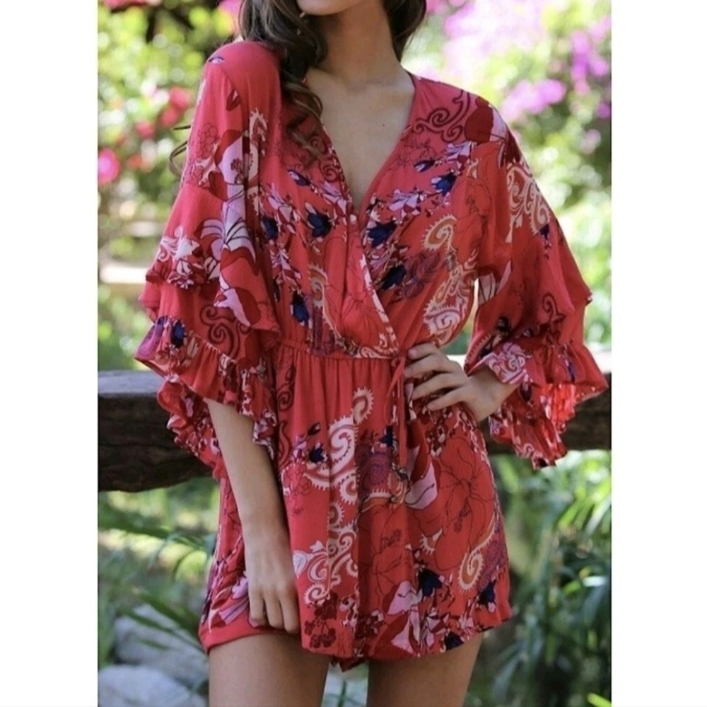 Angie Red Floral Flutter Sleeve Faux Wrap Romper